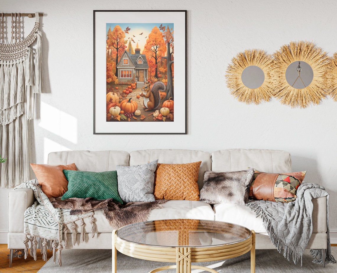 Fall Forest Squirrel Pumpkins Cozy House Autumn Trees Wall Poster - Image 2