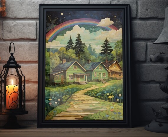 Rainbow Pine Forest Cabins Stone Path Whimsical Folk Art Poster