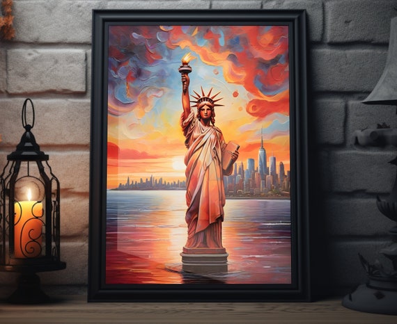 New York Starry Sunset Matte Wall Art New York City Artwork Statue Of Liberty Print New York Painting Nyc Decor New York City Poster