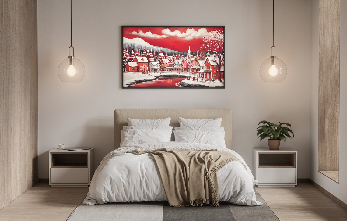 Red Christmas Village At Night By Red Lake Panoramic Wall Art Poster - Image 3