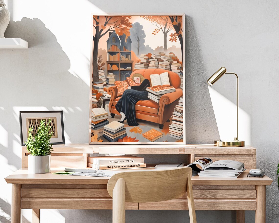 Fall Bookworm Folk Art Poster, Autumn Reading Woman - Image 4