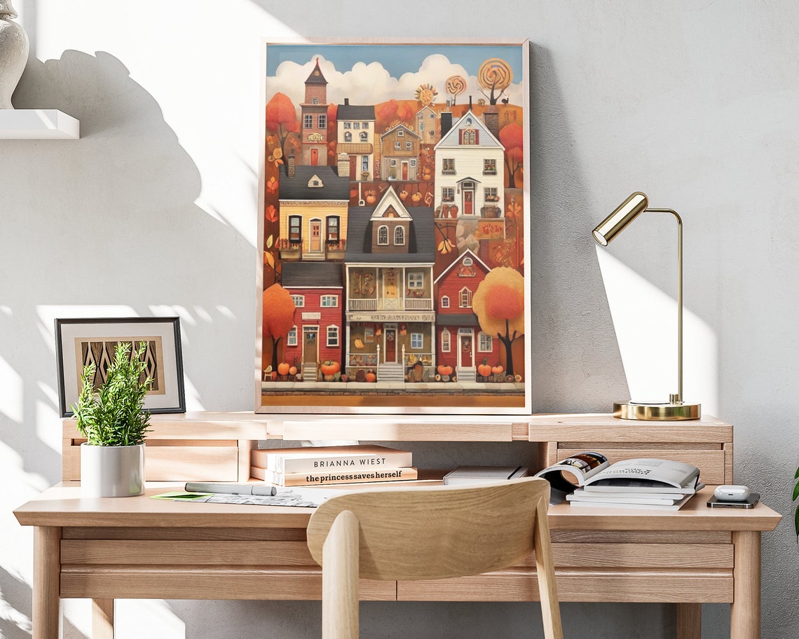 Fall Town Stacked Houses Pumpkin Storefronts Autumn Folk Poster - Image 4