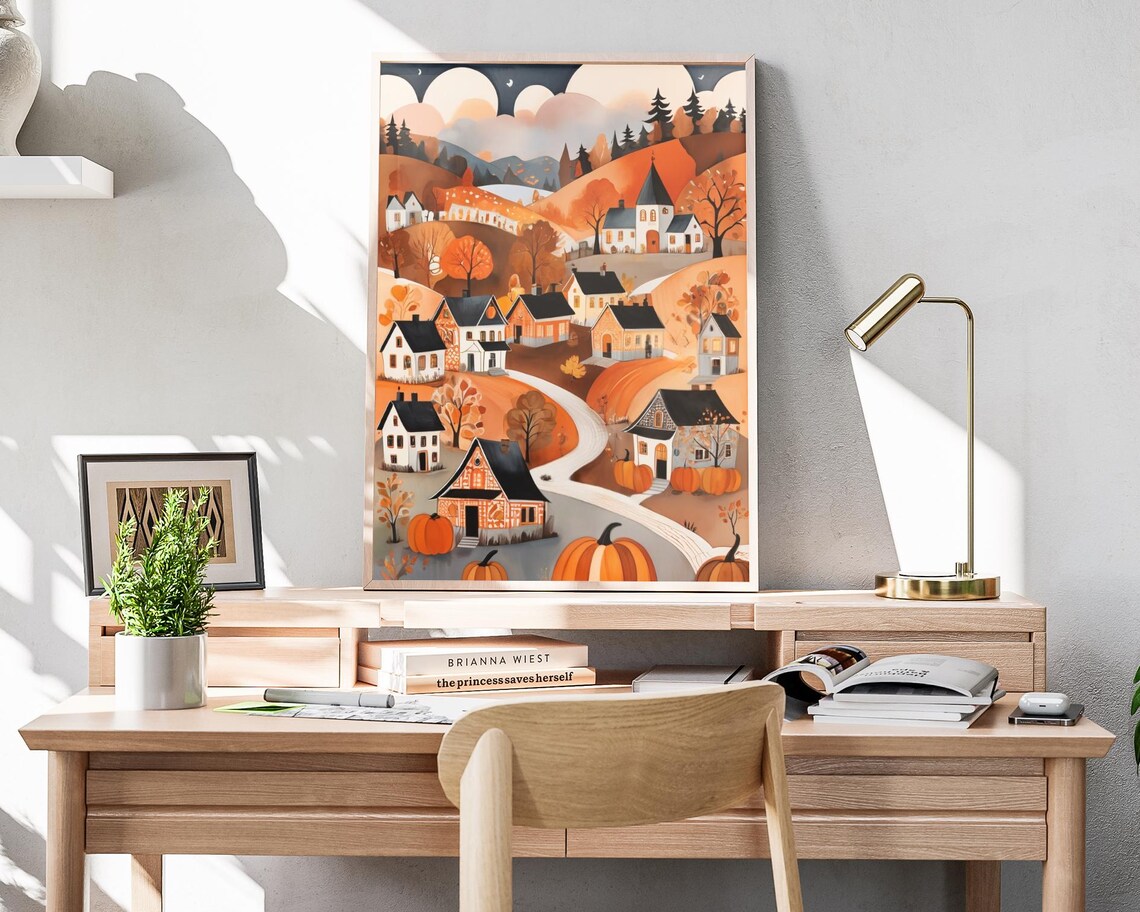 Autumn Hillside Town Church Pumpkins Winding Road Fall Folk Art Poster - Image 4