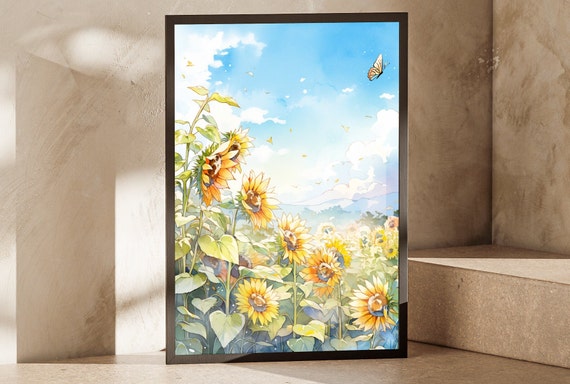 Nature Inspired Watercolor Painting Poster In Claude Monet Style Sunflowers Butterflies Beautiful Floral Design Gift For Nature Lovers