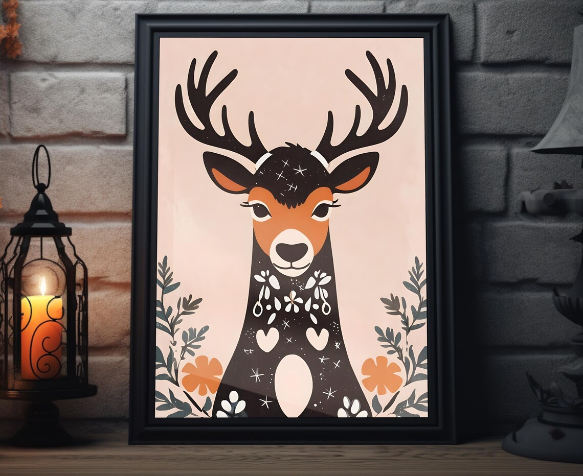 Boho Reindeer Antlers Floral Decorated Body Christmas Holiday Poster