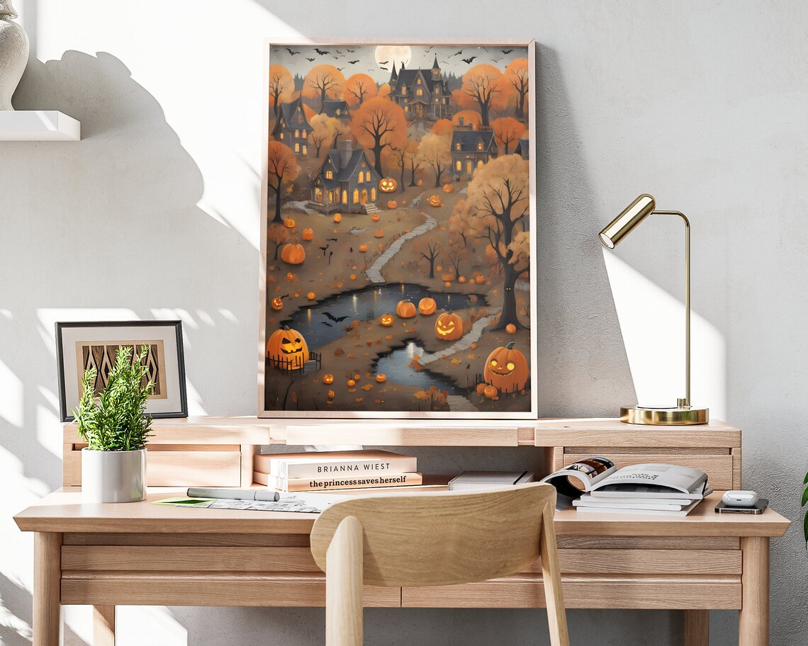 Vintage Halloween Folk Art Pumpkin and Bat Poster - Image 4
