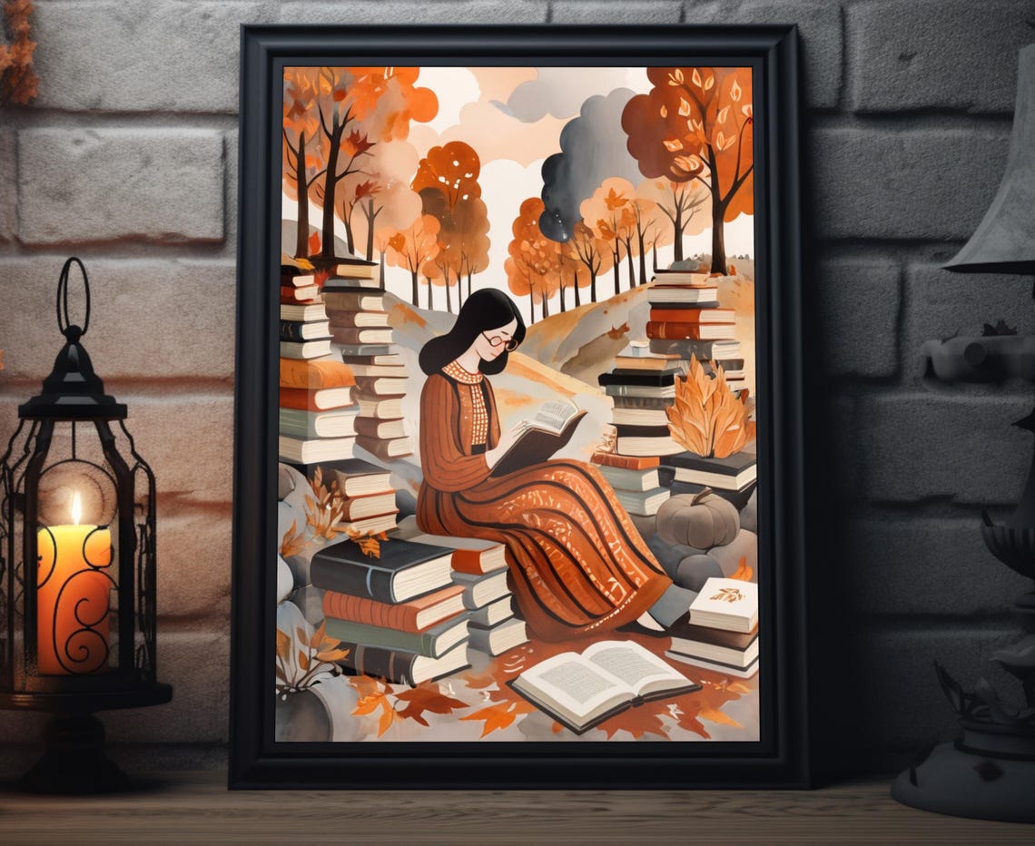Woman Reading Forest Book Towers Autumn Stream Fall Art Poster