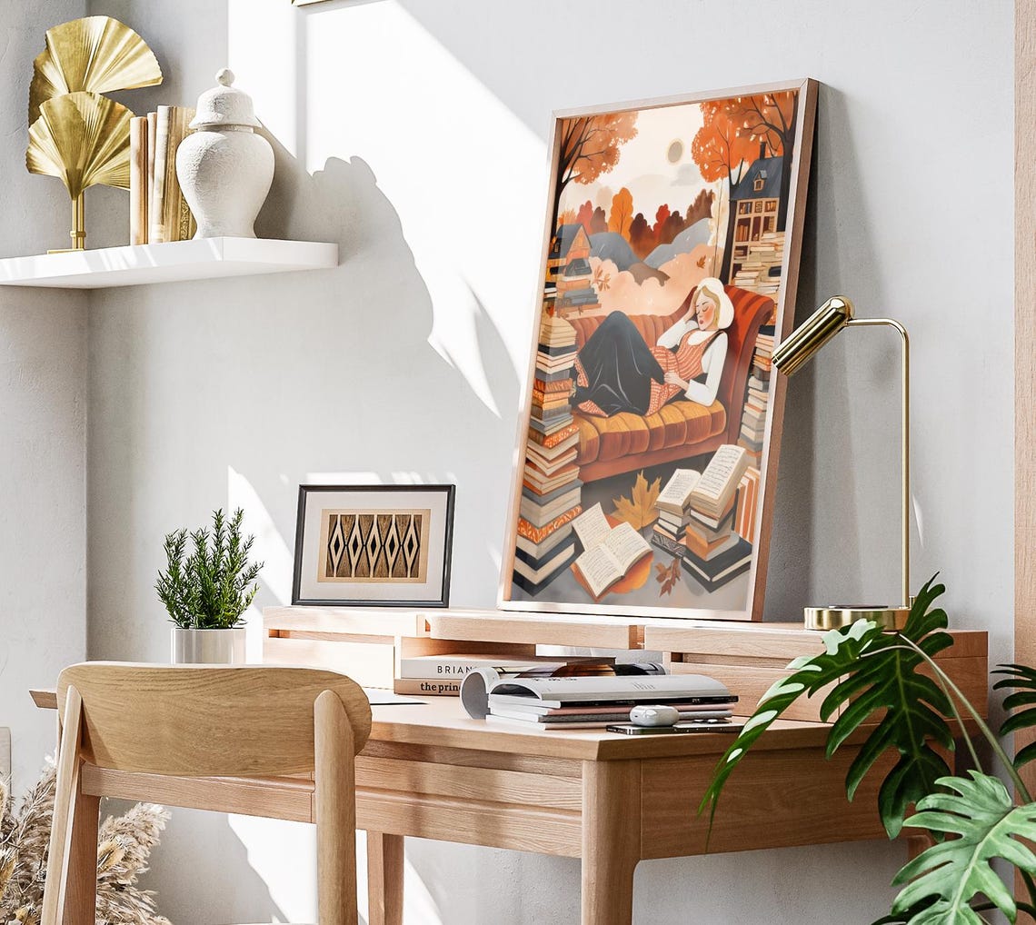Woman Napping Books Sofa Autumn Houses Cozy Reading Art Poster - Image 3