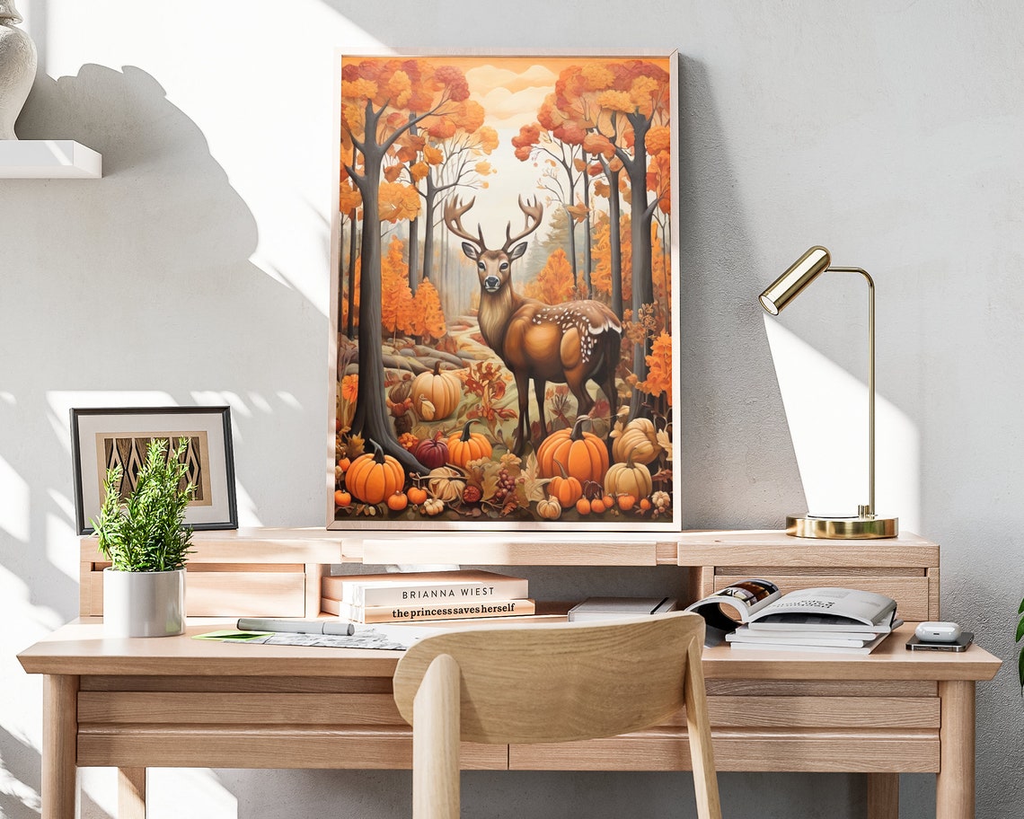 Majestic Stag Autumn Forest Pumpkins Harvest Fall Folk Art Poster - Image 4