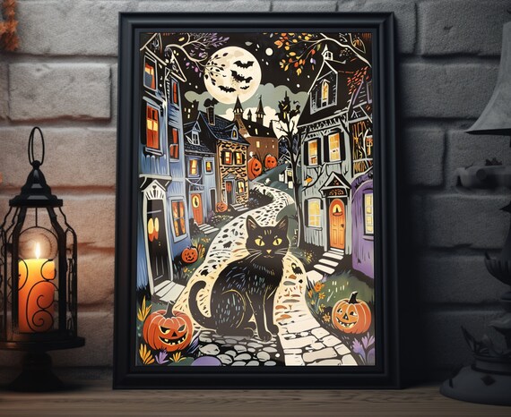 Black Cat On Cobblestone Halloween Street Moon Bats Jack O Lanterns Poster