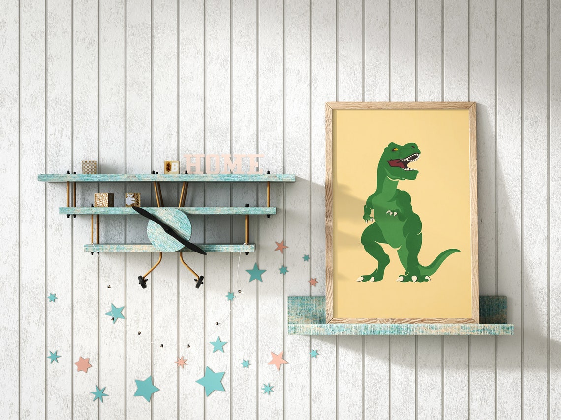 Green T Rex Dinosaur Cartoon Nursery Kids Playroom Bedroom Wall Art - Image 3