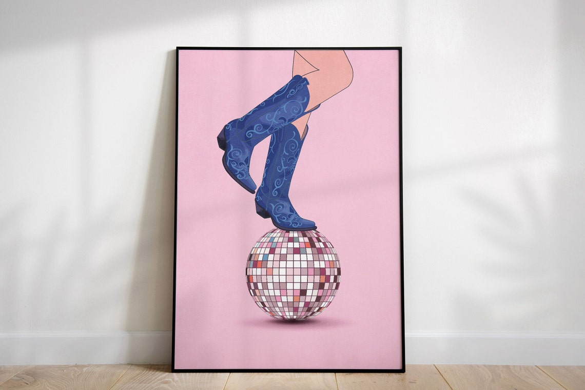 Coastal Cowgirl Disco Poster with Blue Boots and Mirror Ball Scene