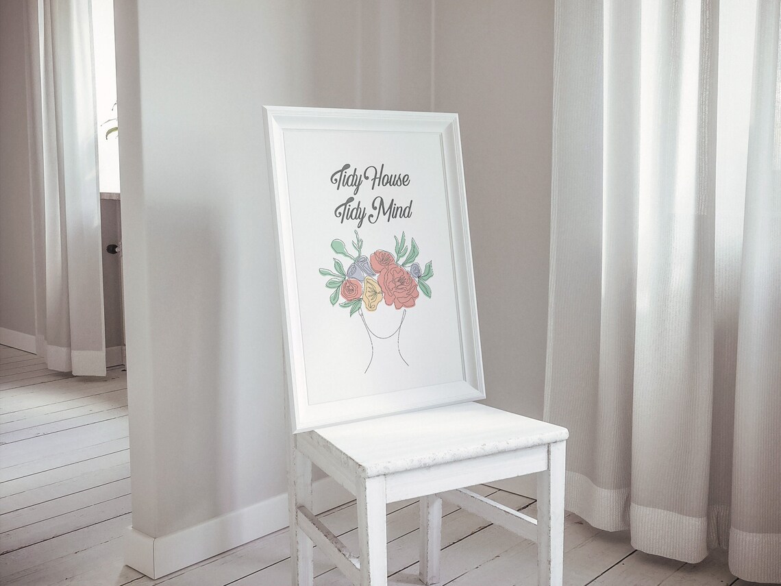 Tidy House Tidy Mind Floral Line Art Motivational Quote Poster - Image 2