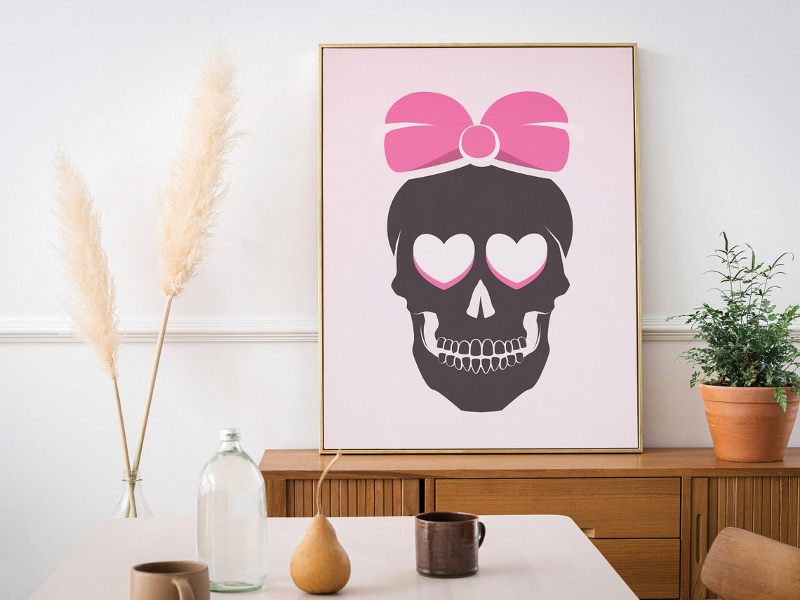 Pink Skull Heart Eyes Bow Cute Girly Gothic Halloween Poster - Image 2