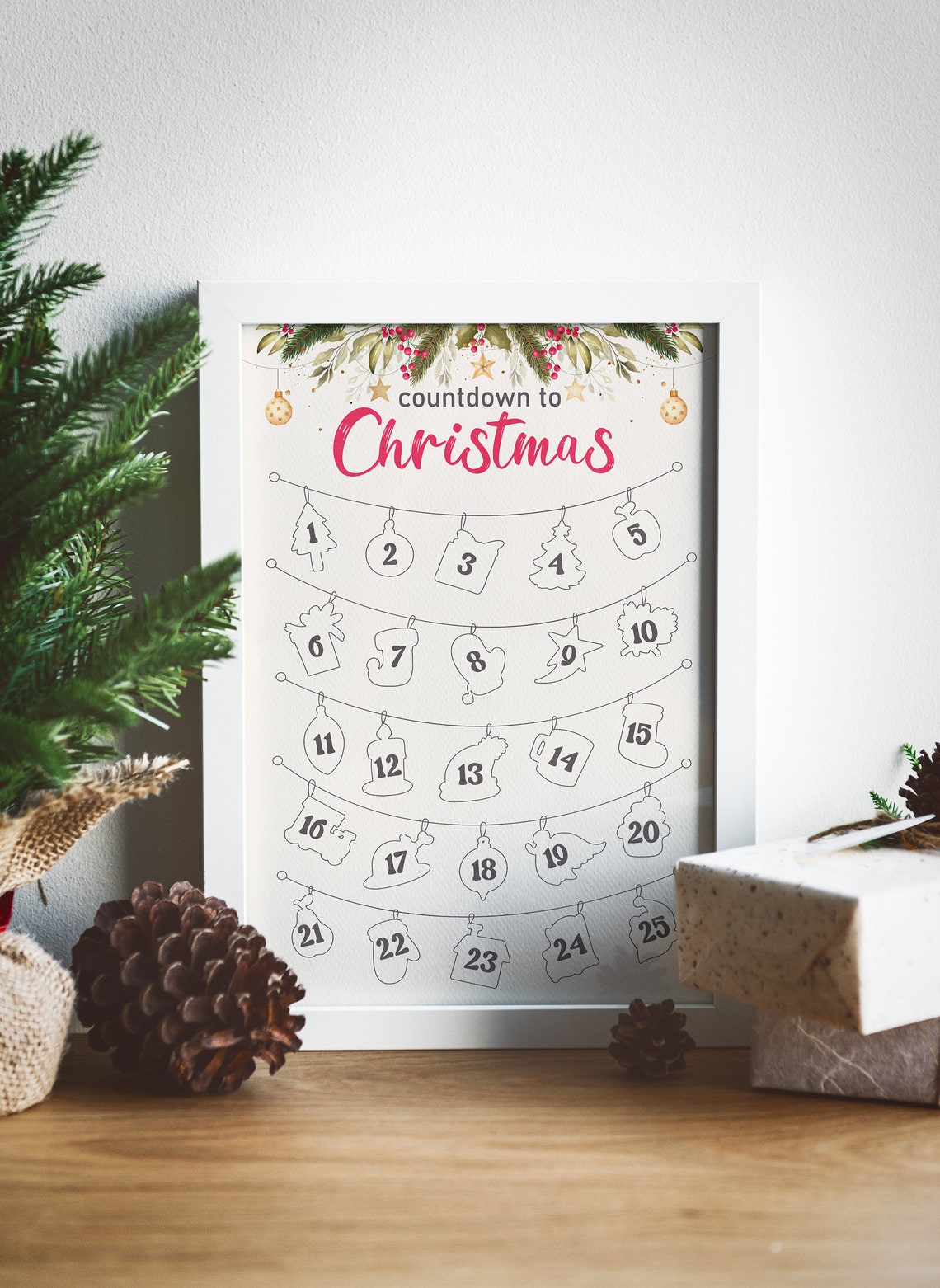 Countdown to Christmas Botanical Garland Pink Holiday Poster