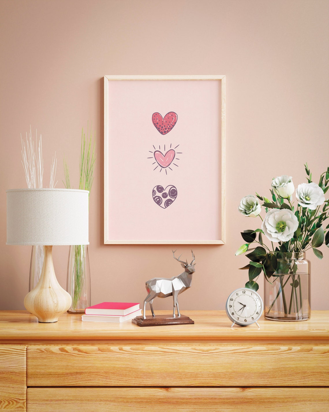 Hand Drawn Hearts Trio Blush Pink Cute Minimalist Decor Wall Art - Image 2