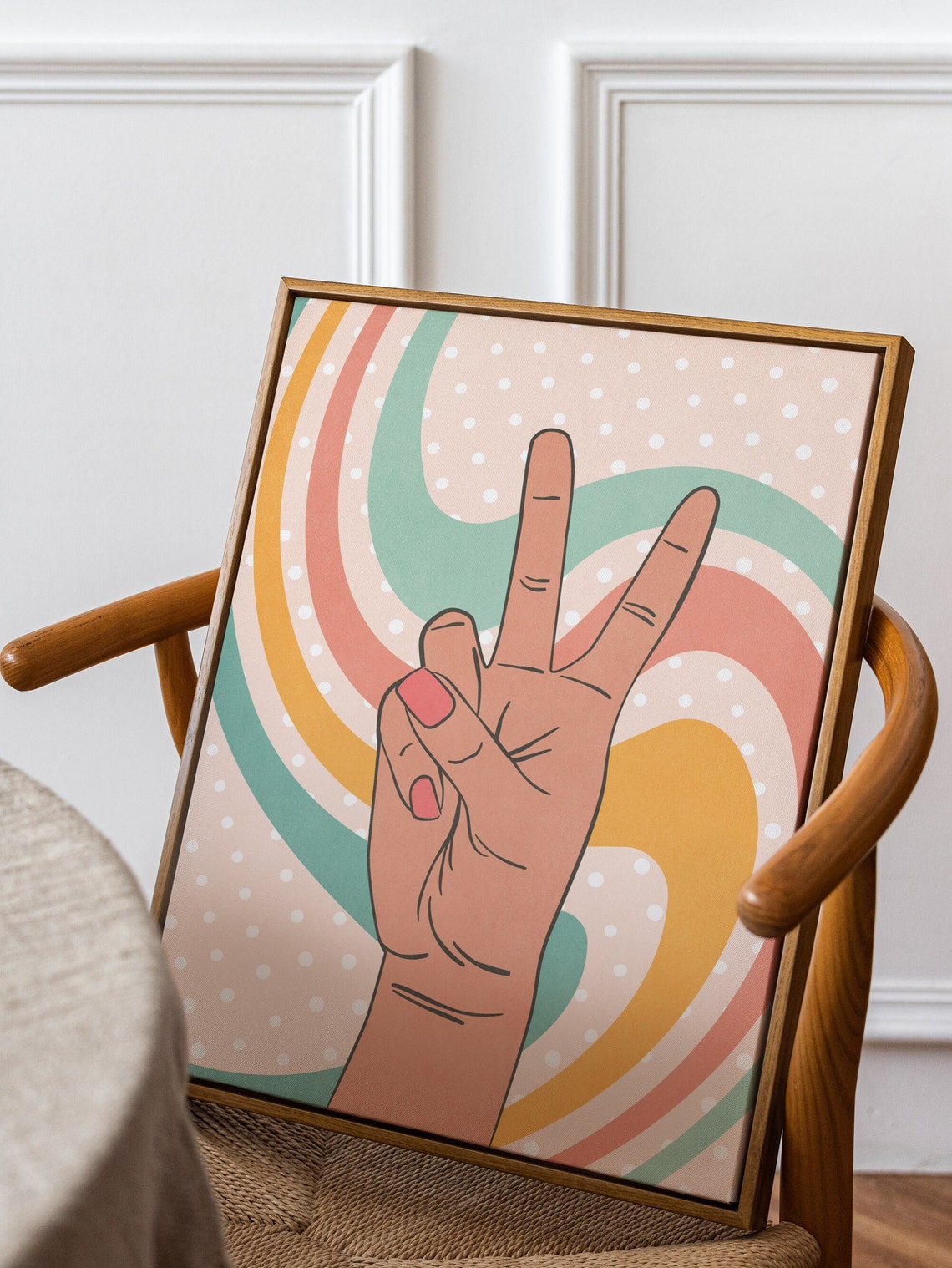 Retro Peace Sign Hand Over Pastel Rainbow Swirls 70s Hippie Poster - Image 3