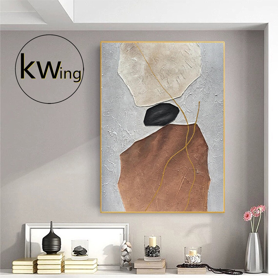Brown Beige Stone Shapes Gold Line Abstract Textured Modern Art Poster - Image 3