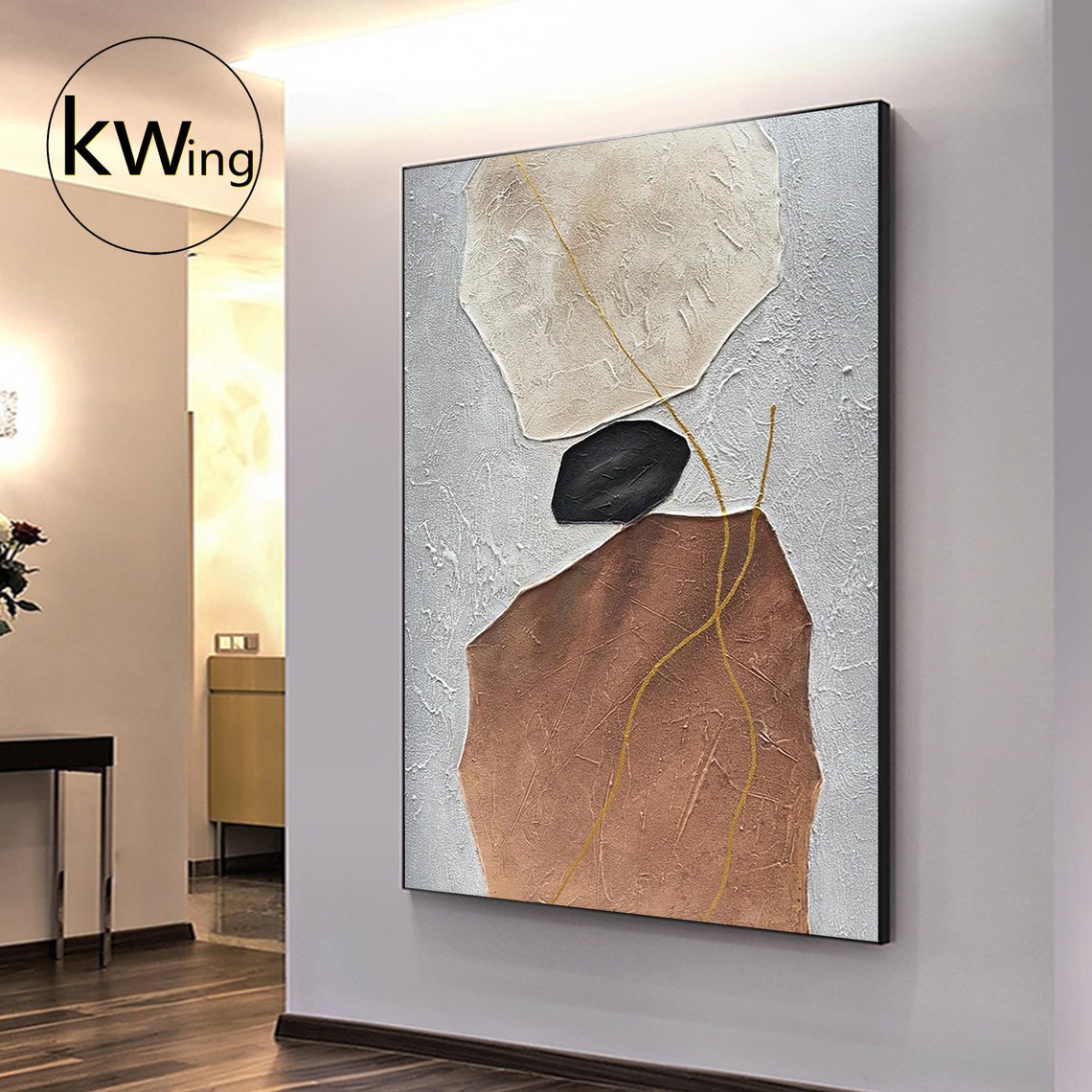 Brown Beige Stone Shapes Gold Line Abstract Textured Modern Art Poster - Image 5