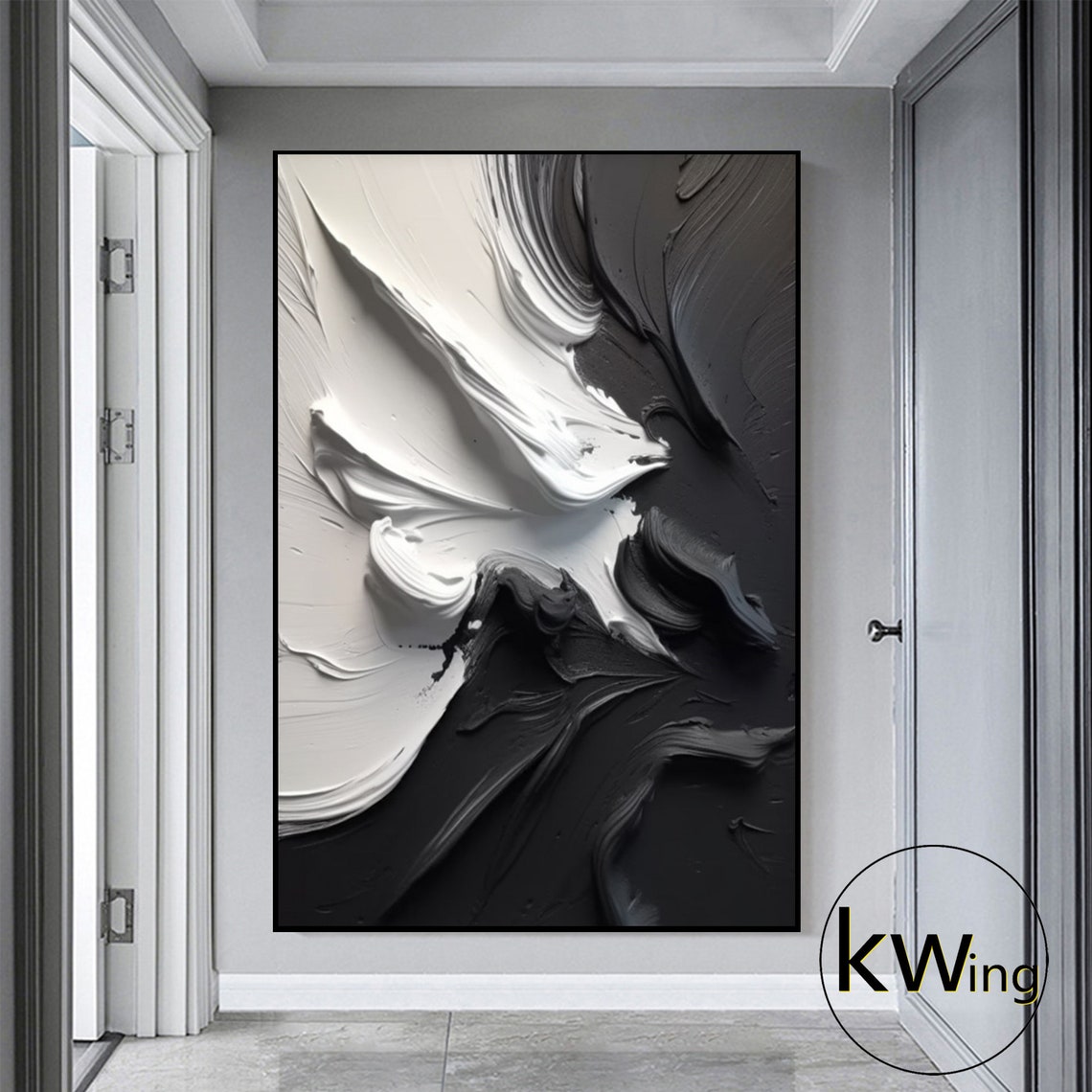 Black White Impasto Abstract Painting Soaring Bird Wave Modern Poster - Image 3