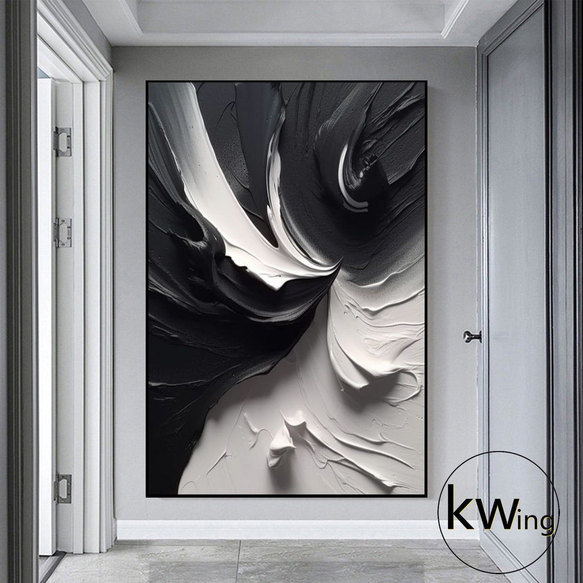 Black White Flowing Feather Wave Impasto Textured Yin Yang Poster - Image 2