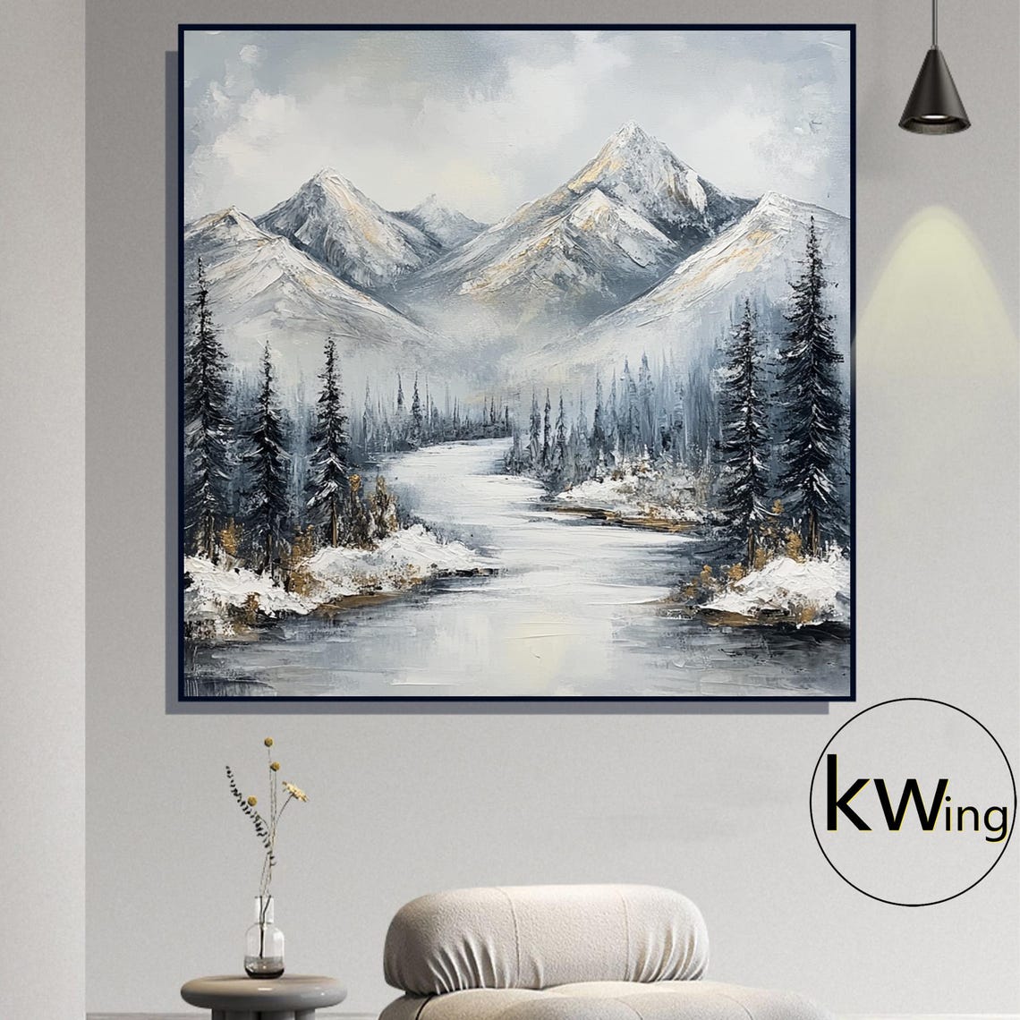 Snow Covered Mountains Winding River Evergreen Forest Landscape Poster - Image 2