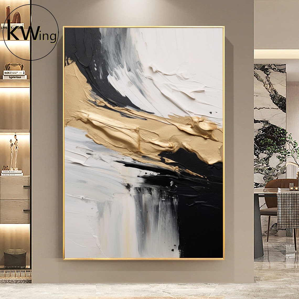 Black White Gold Abstract Texture Painting Ribbon 3D Art Wall Poster - Image 4