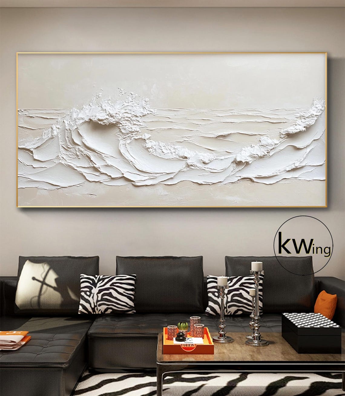 White Minimalist Ocean Wave Crest 3D Texture Painting Panoramic Poster - Image 4