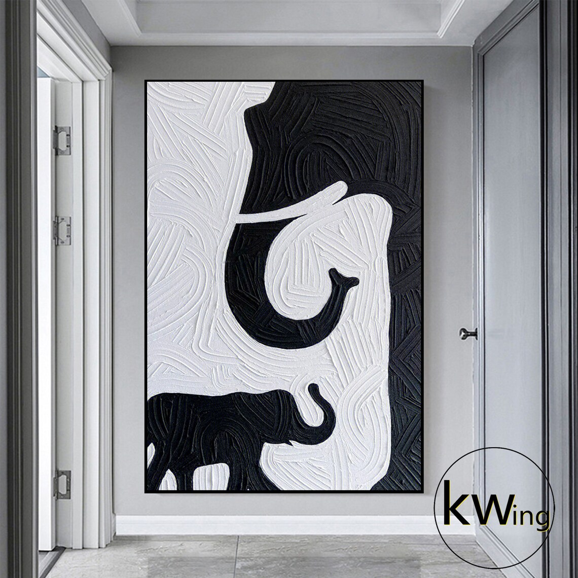 Mother Baby Elephant Black White Textured Abstract Safari Art Poster - Image 2