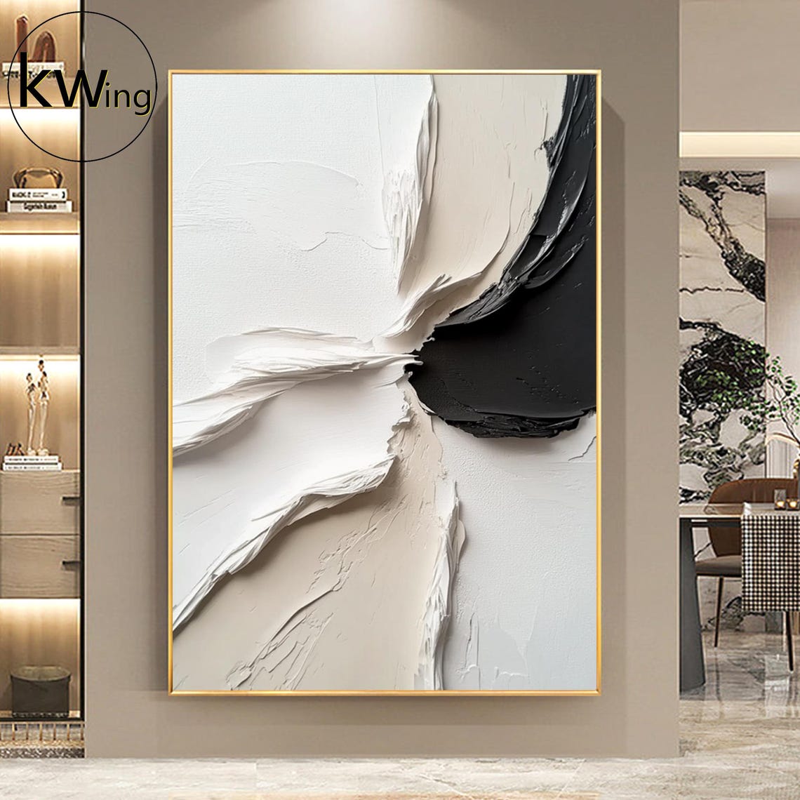 White Beige Black Abstract Brushstroke 3D Texture Painting Art Poster - Image 4