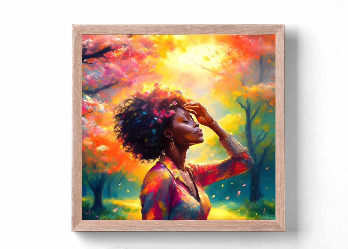 Woman Basking Under Colorful Blossom Trees In Spring Light Poster