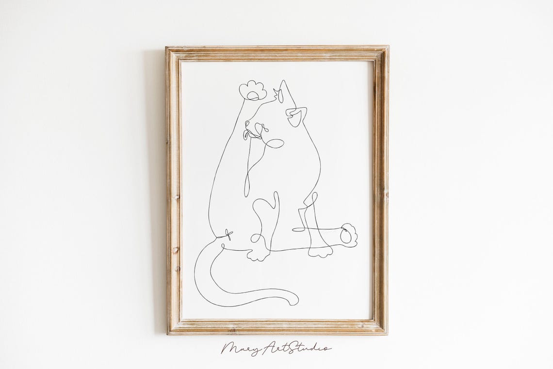 Sweet Sitting Cat Sniffing Flower Minimalist One Line Art Poster