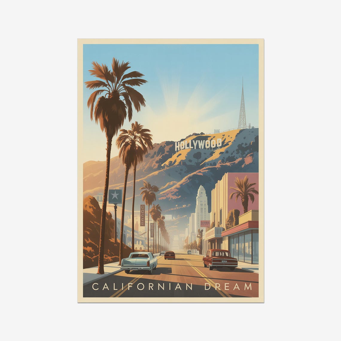 Hollywood California Dream Vintage Travel Poster Palm Street Scene