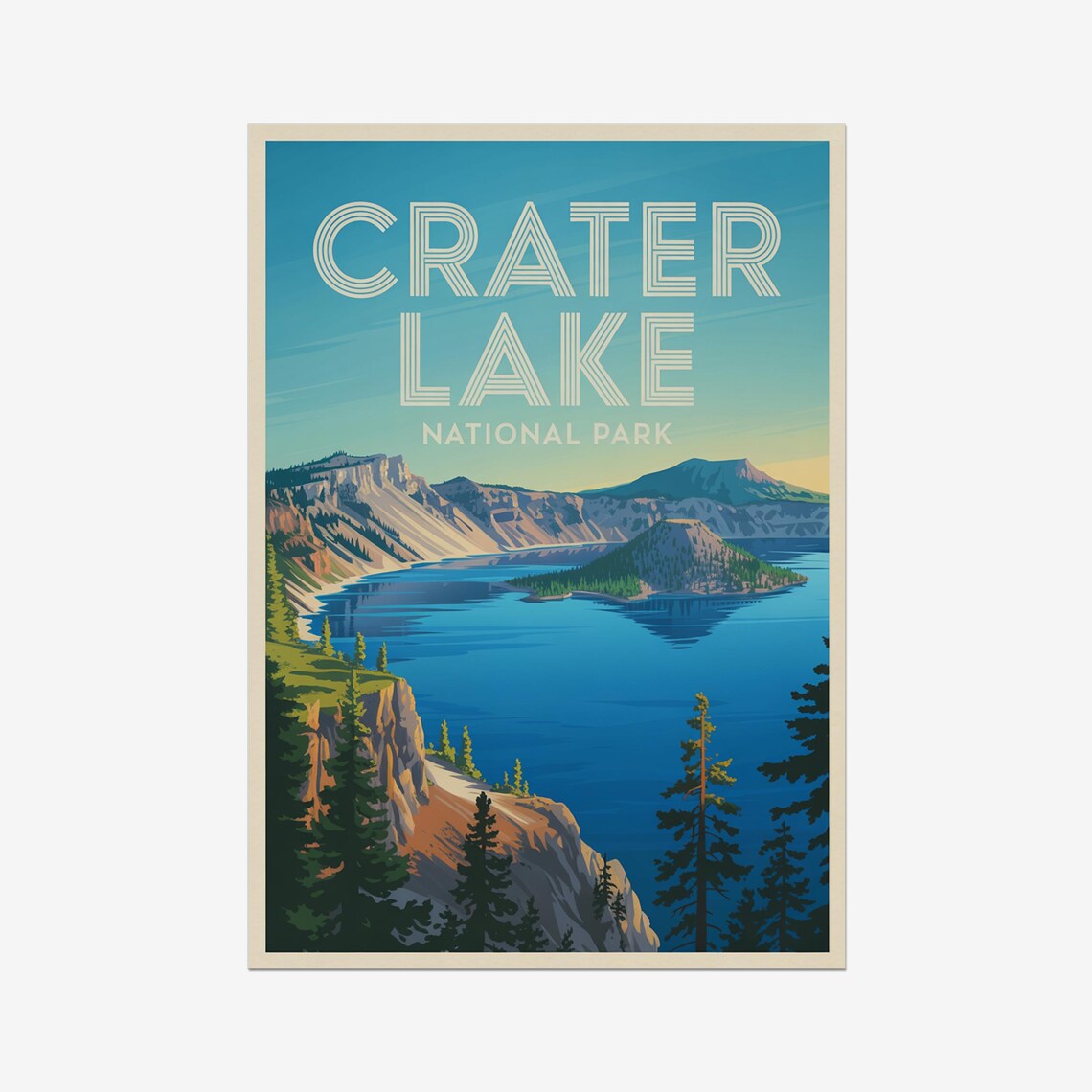 Crater Lake National Park Wizard Island Blue Water Vintage Poster