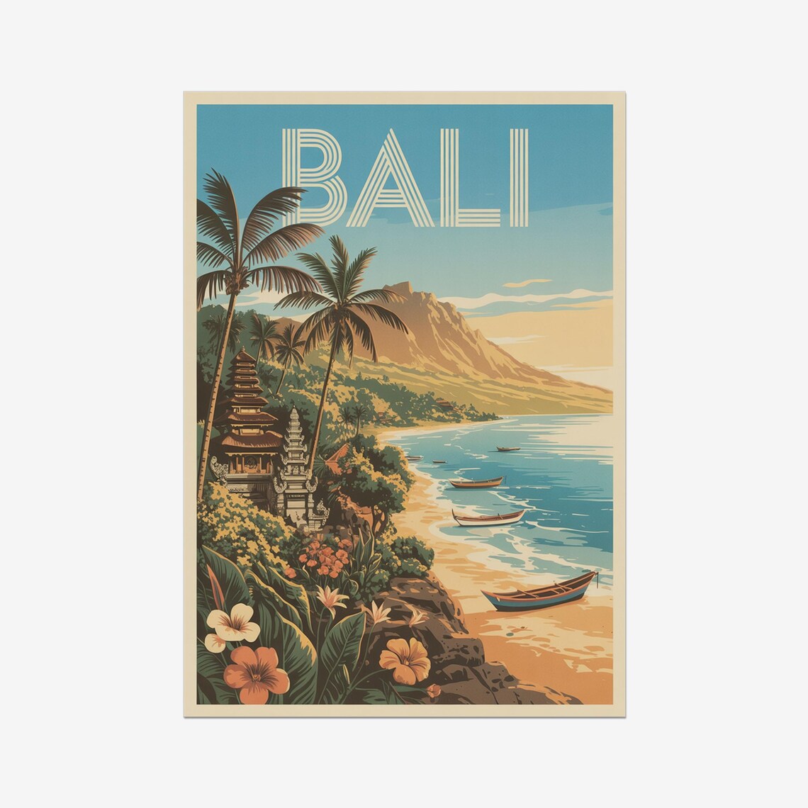 Bali Vintage Beach Temple Palm Trees Retro Island Travel Poster Art