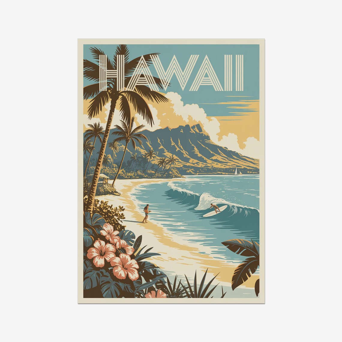 Hawaii Retro Surfer Beach Palm Trees Volcano Vintage Travel Poster