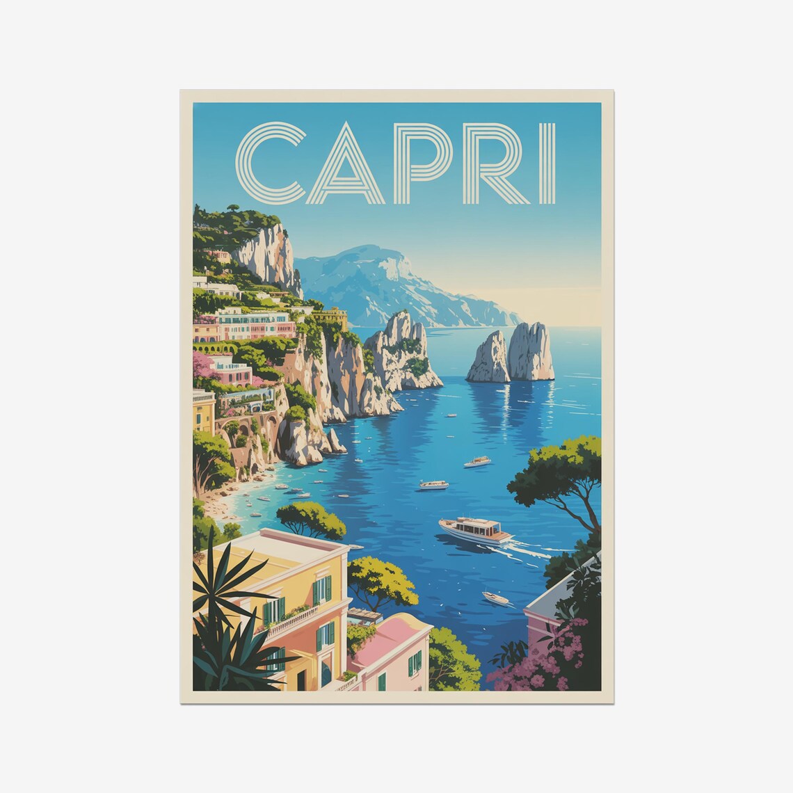 Capri Italy Faraglioni Rocks Boats Vintage Island Travel Poster