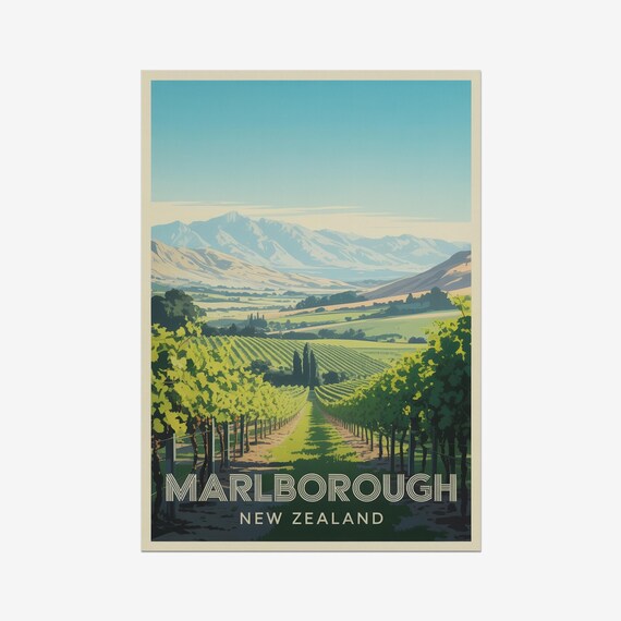 Marlborough New Zealand Vineyard Mountains Vintage Wine Poster