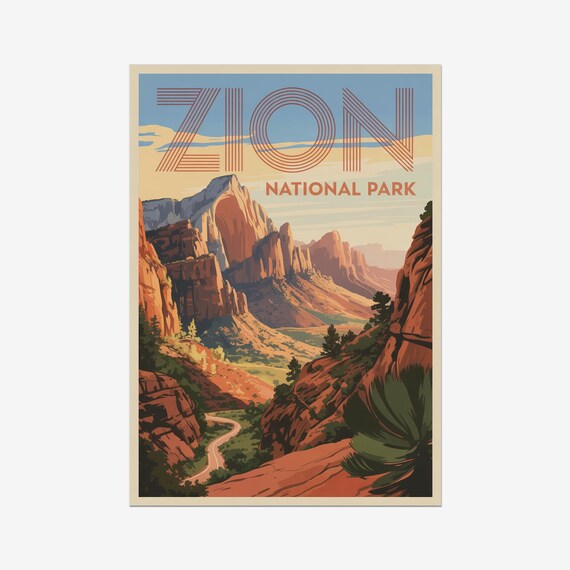 Zion Utah Red Rock Canyon Winding Road Vintage Travel Poster