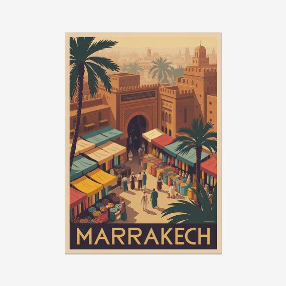 Marrakech Morocco Bustling Souk Market Vintage Travel Poster