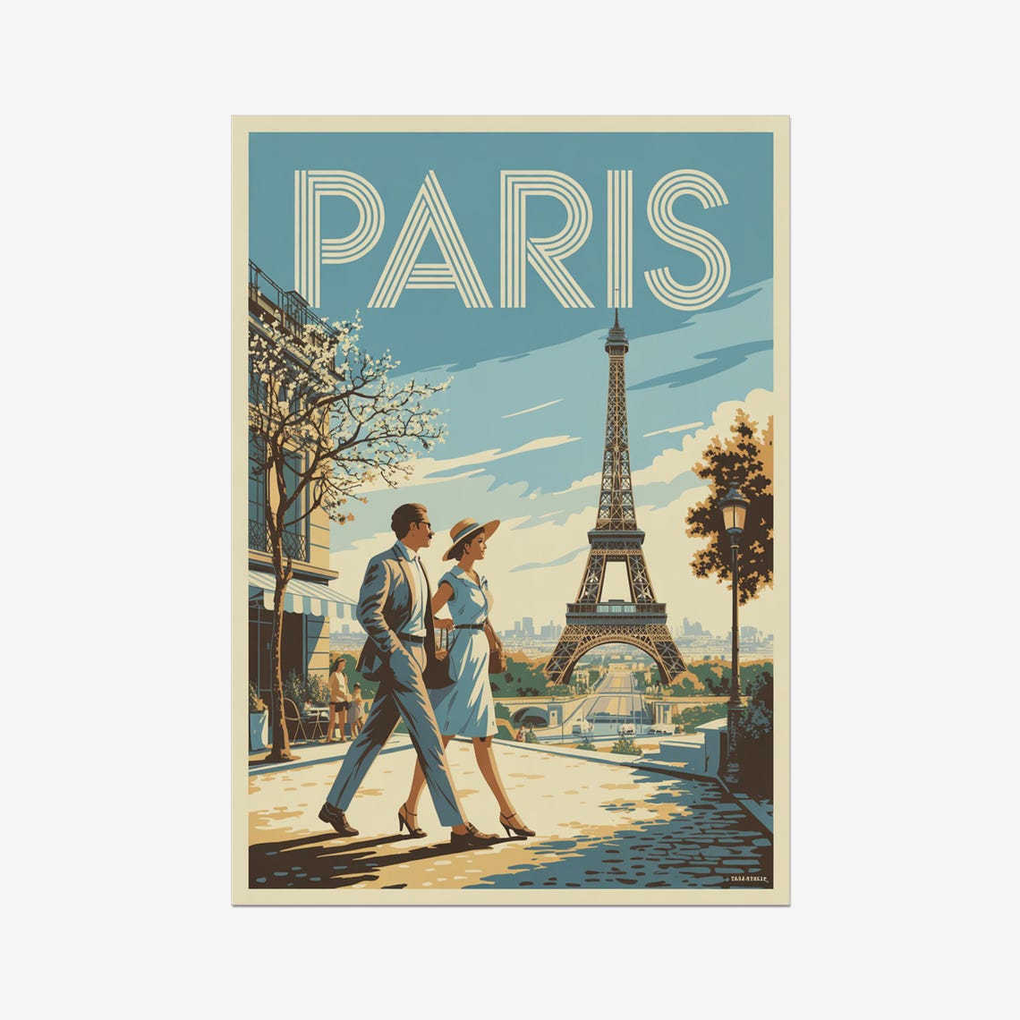 Paris France Eiffel Tower Romantic Couple Retro Vintage Travel Poster