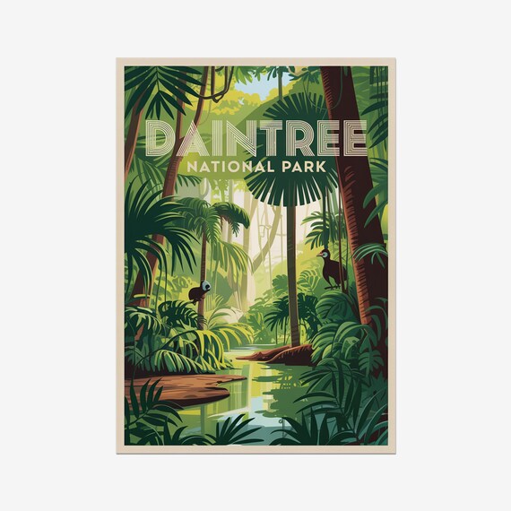 Daintree National Park Rainforest Creek Cassowary Vintage Travel Poster