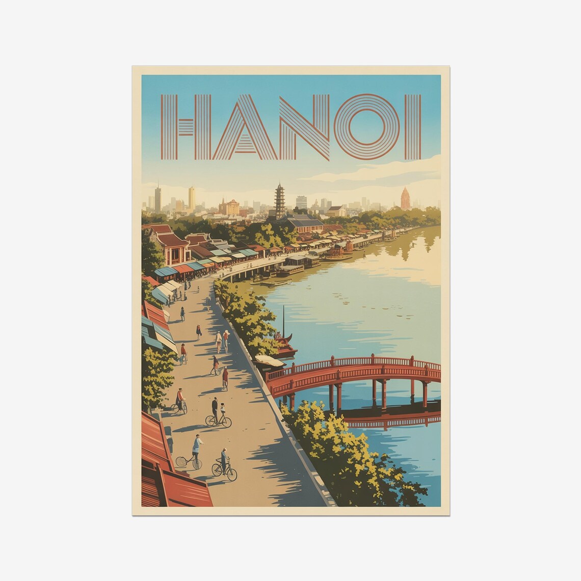 Hanoi Vietnam Vintage Retro Red Bridge Riverside City Travel Poster