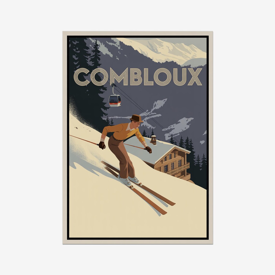 Combloux French Alps Retro Skier Gondola Vintage Travel Poster