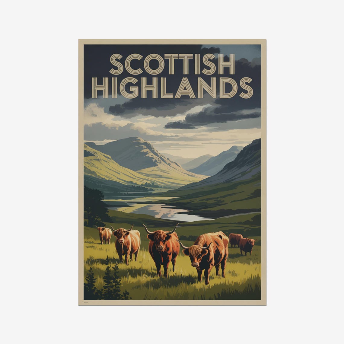 Scottish Highlands Vintage Travel Poster Highland Cattle Glen Scene