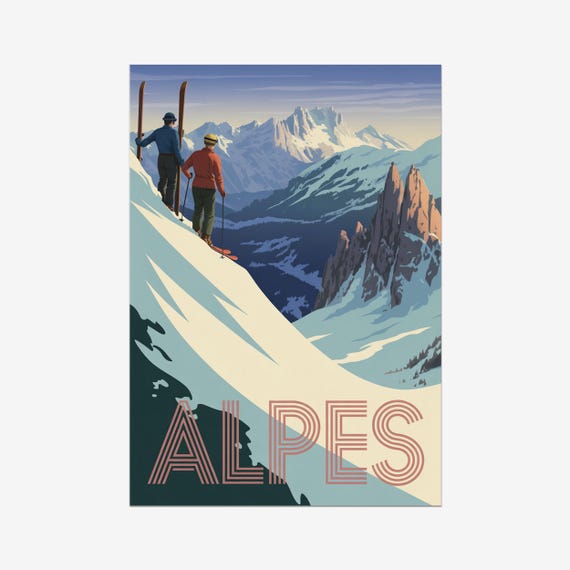 Alpes Vintage Travel Poster Skiing