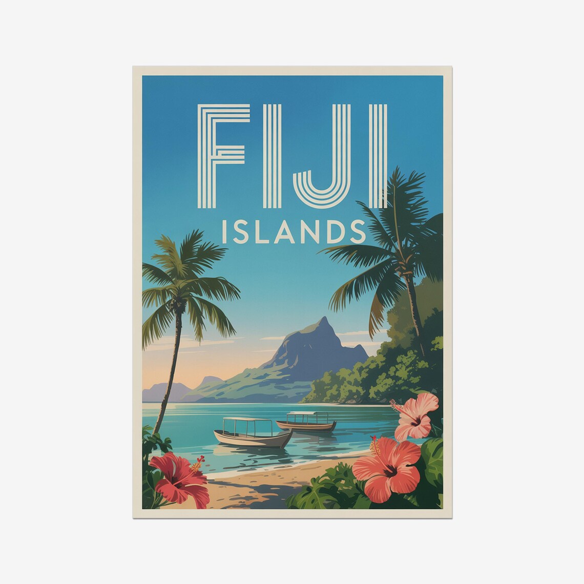 Fiji Islands Tropical Beach Palms and Boats Vintage Travel Poster
