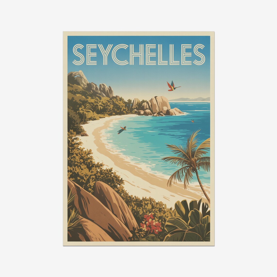 Seychelles Tropical Beach Granite Boulders Palm Vintage Travel Poster