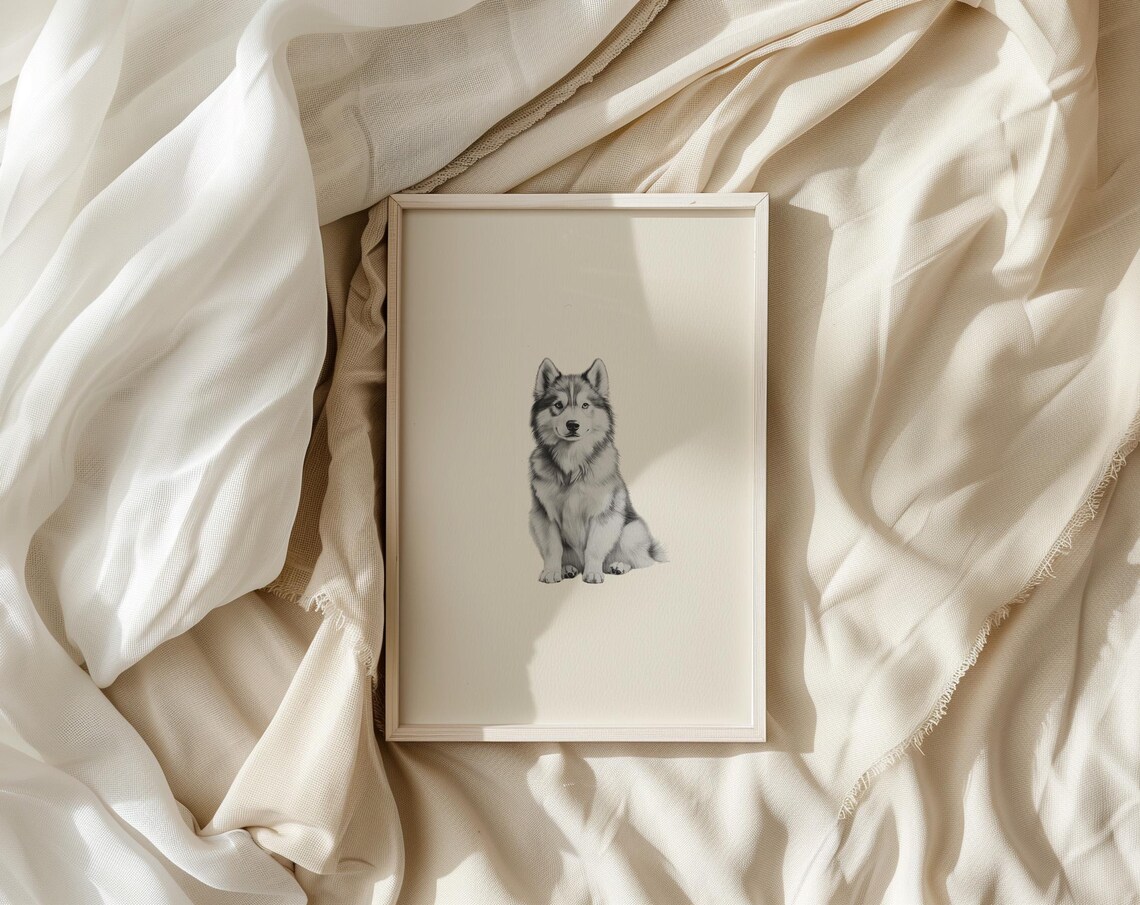 Alaskan Malamute Sitting Portrait Minimalist Beige Neutral Dog Poster