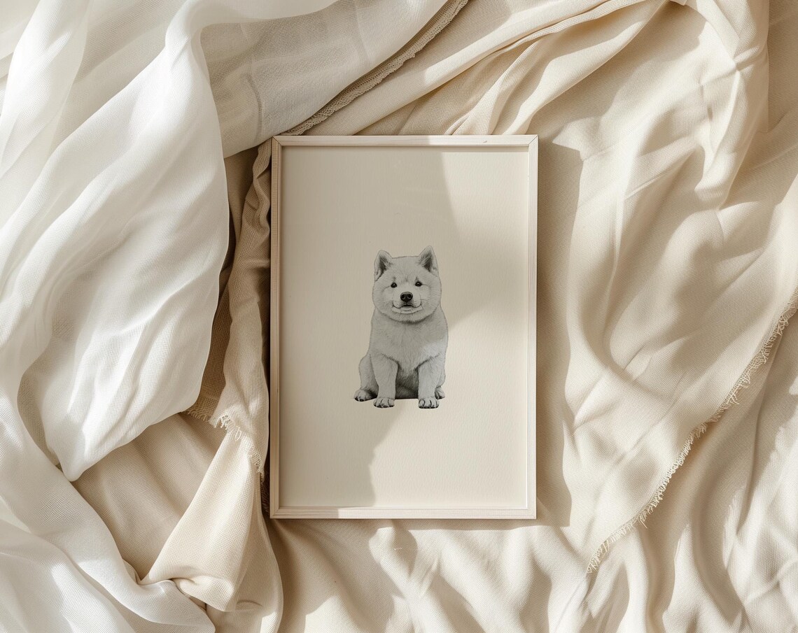 Akita White Puppy Sitting Portrait Minimalist Beige Neutral Poster